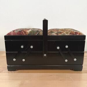 Vintage Cherry Wood Accordion Sewing Box Floral Tapestry Storage Organizer